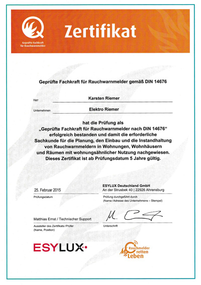 Zertifikat Fachkraft für Rauchmelder