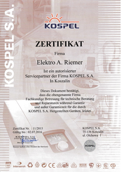 Zertifikat Kospel Kundendienst